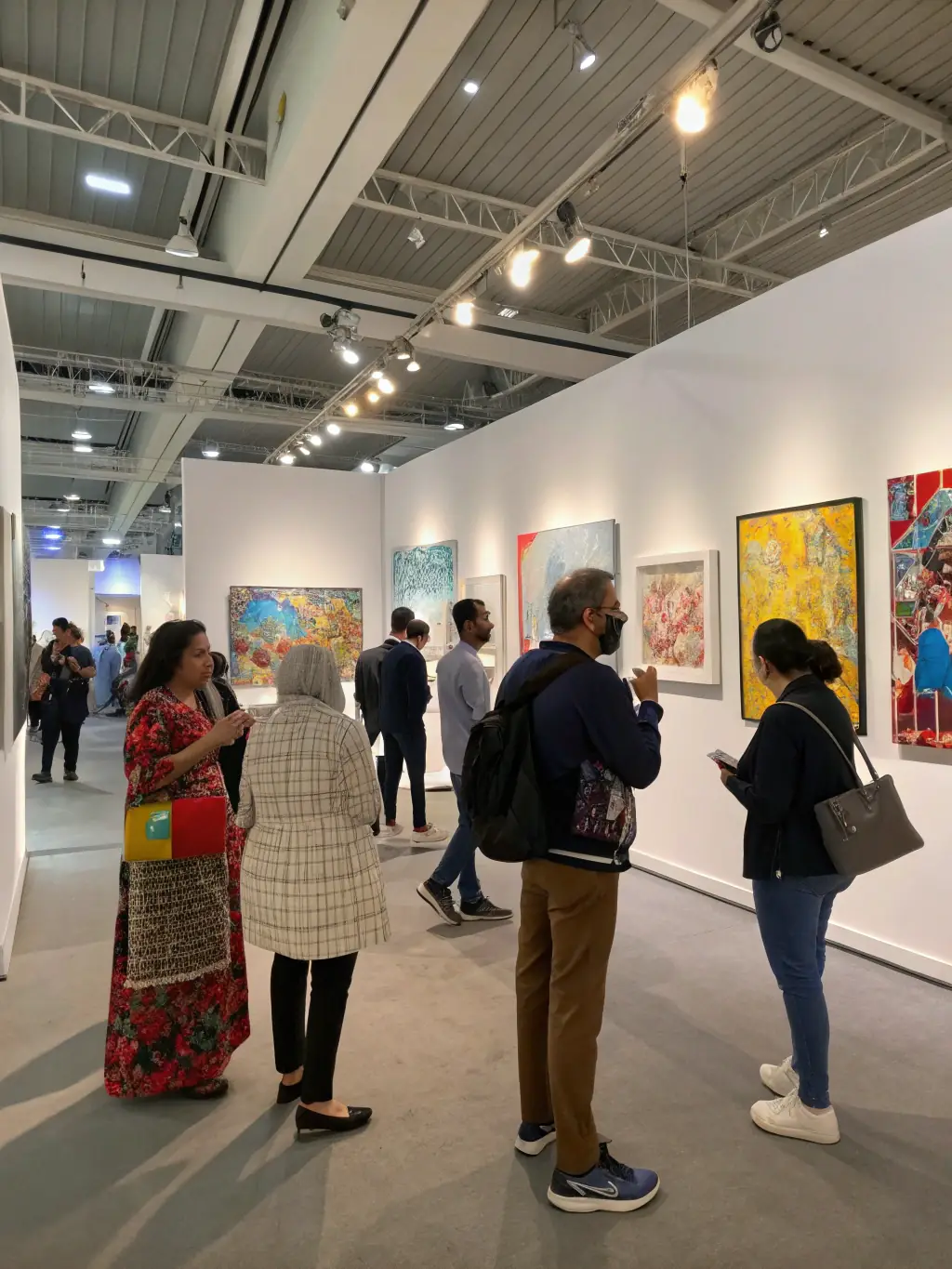A captivating shot of a TERRE IMAGES exhibition, showcasing a variety of artworks and installations. Visitors are seen admiring the art, emphasizing the organization's support for artistic creation.