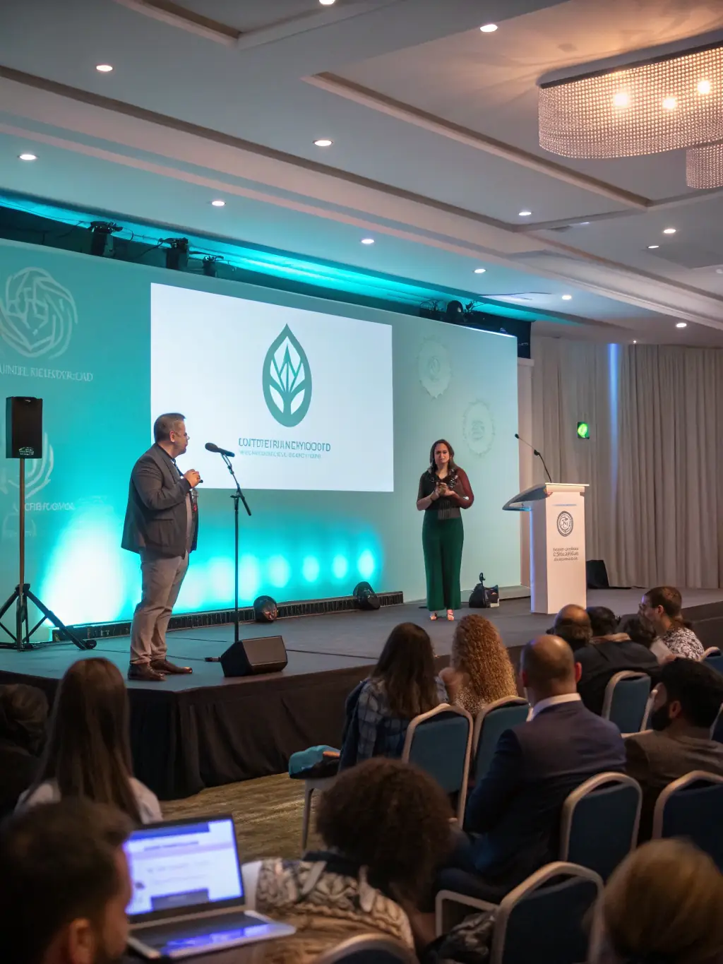 A photograph of a TERRE IMAGES conference, featuring speakers presenting to an attentive audience. The setting is professional and engaging, reflecting the organization's commitment to education and dialogue.