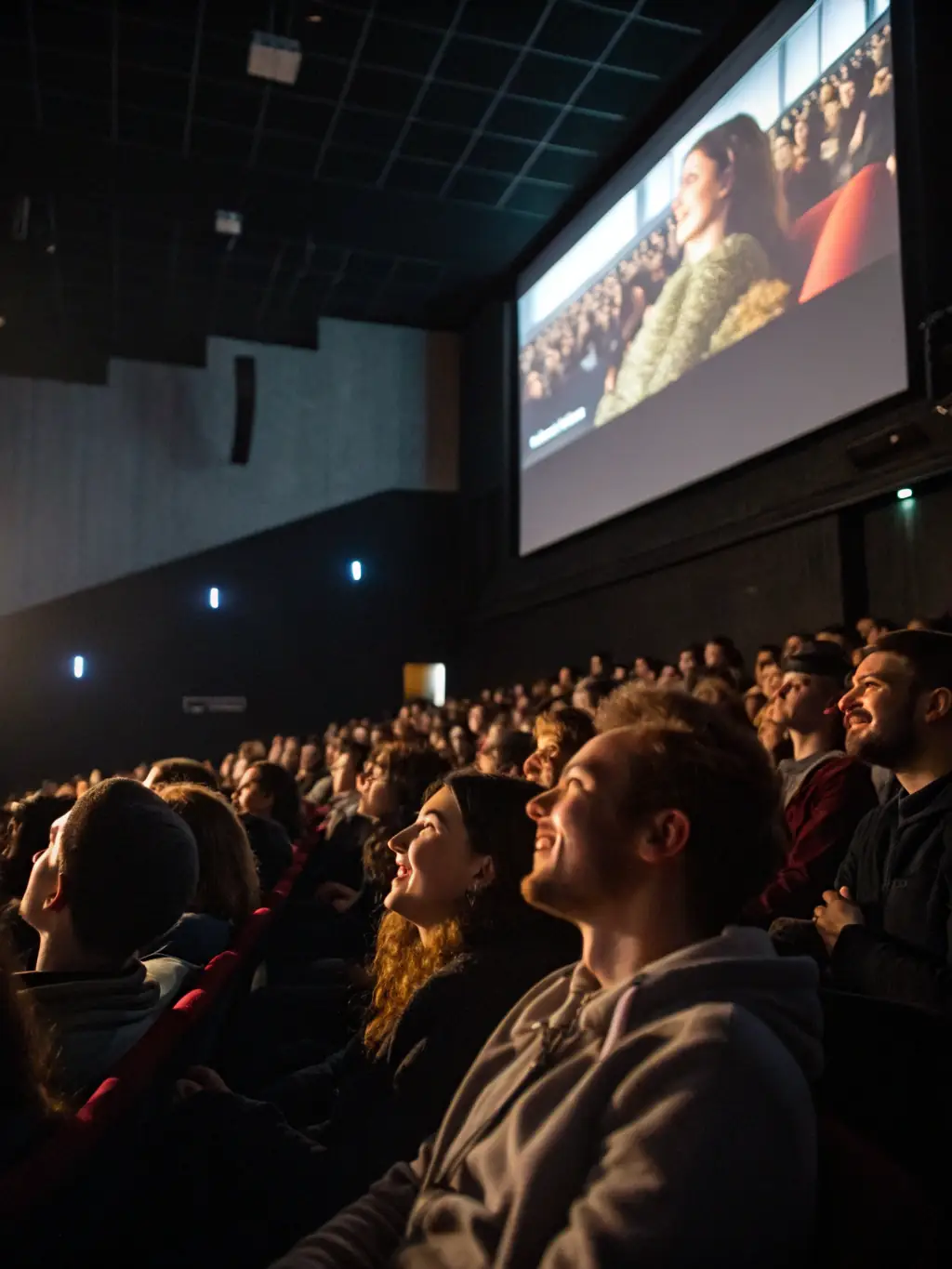 A dynamic image of a TERRE IMAGES film screening, featuring a diverse audience engrossed in the film. The atmosphere is engaging, highlighting the cultural dialogue promoted by the event.