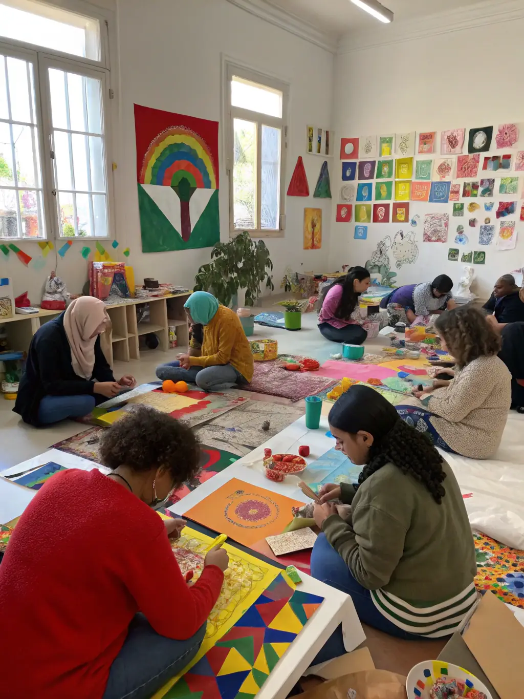 A photograph capturing a TERRE IMAGES workshop in progress, showing participants actively engaged in a hands-on activity, with facilitators guiding them. The setting is bright and collaborative, reflecting the educational aspect of the program.